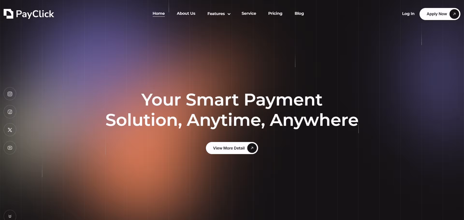 PayClick homepage with navigation menu and text reading 'Your Smart Payment Solution, Anytime, Anywhere' on a blurred dark gradient background.