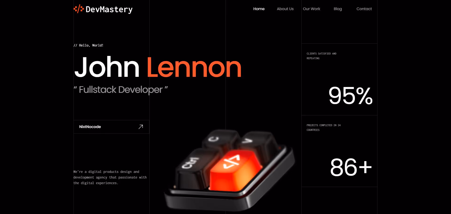Dark-themed digital portfolio page featuring John Lennon, Fullstack Developer, with coding key symbol and stats showing 95% client satisfaction and 86+ projects in 24 countries.