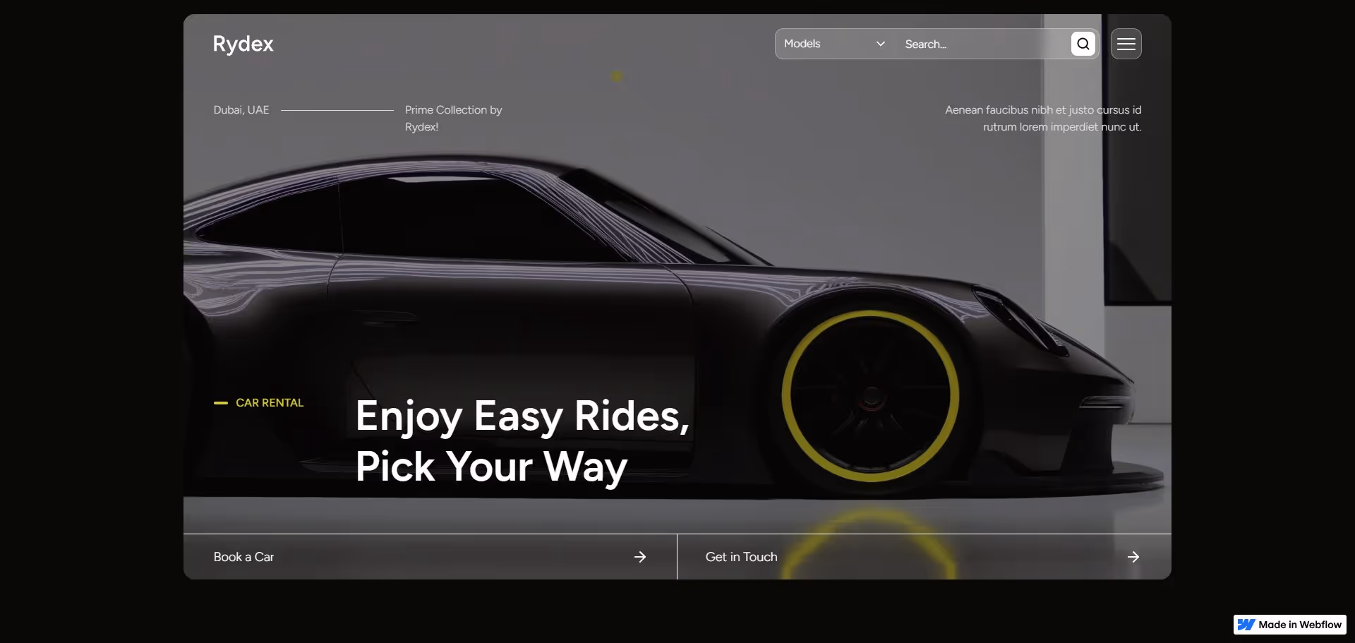 Sleek black sports car with yellow-accented wheels in a showroom setting with text promoting easy car rentals.