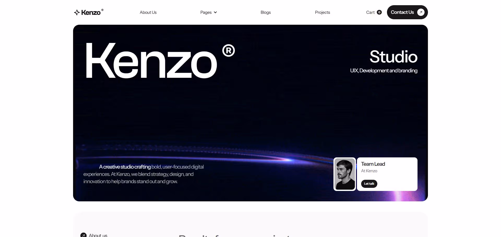 Kenzo Studio website homepage with dark background, featuring a brief description of the creative studio and a team lead profile with a photo and contact button.