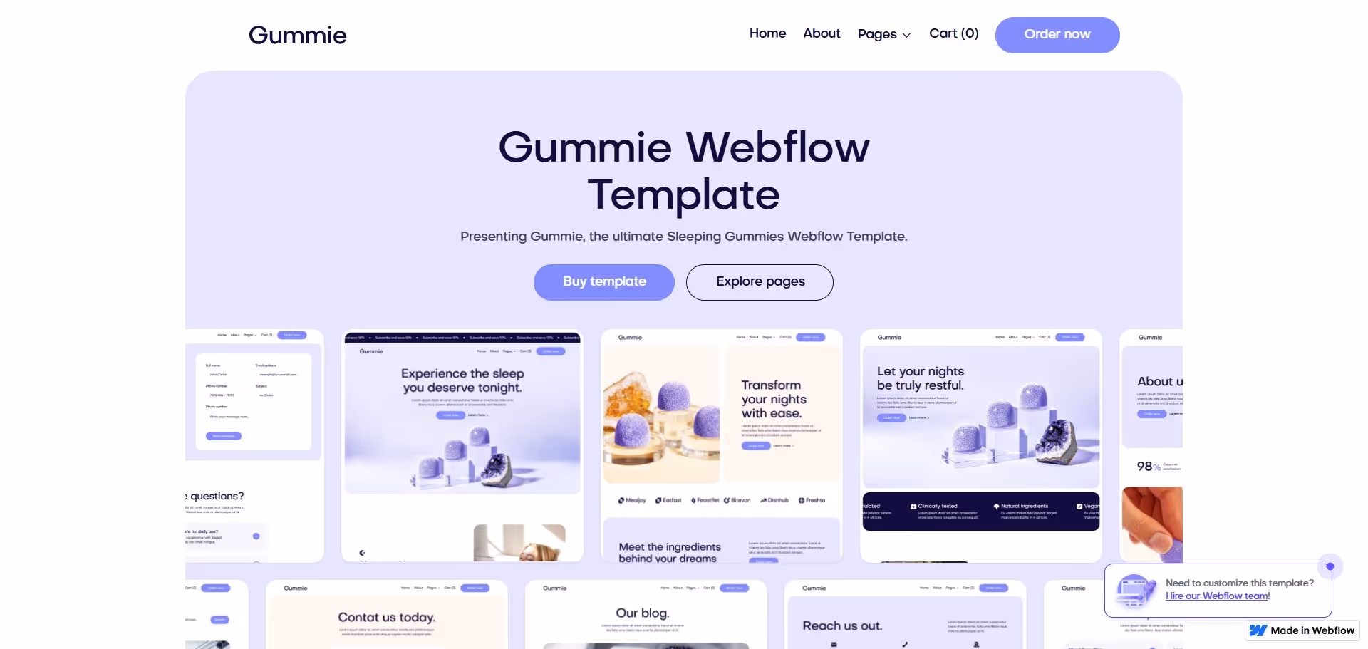 Gummie Webflow template webpage showcasing sleeping gummies, with buttons to buy template or explore pages, and multiple page previews.