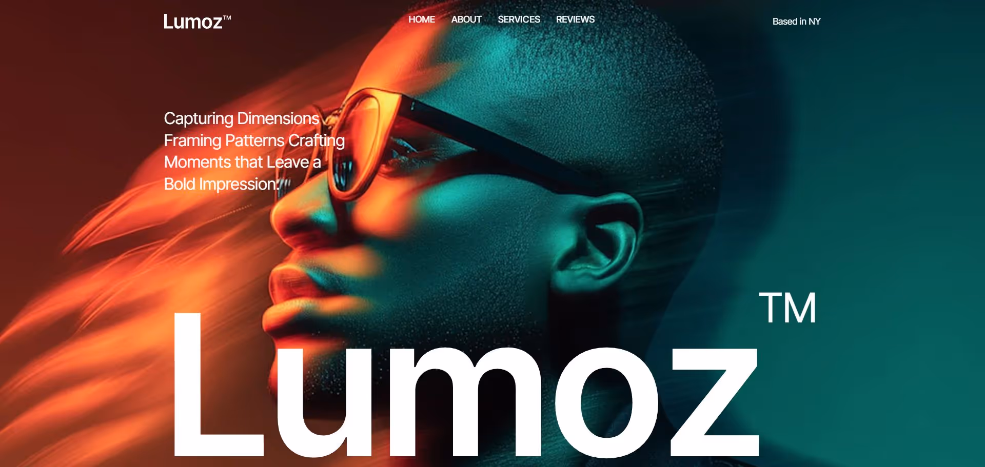 Profile of a person wearing sunglasses with orange and teal lighting effects and the text 'Lumoz' overlayed.
