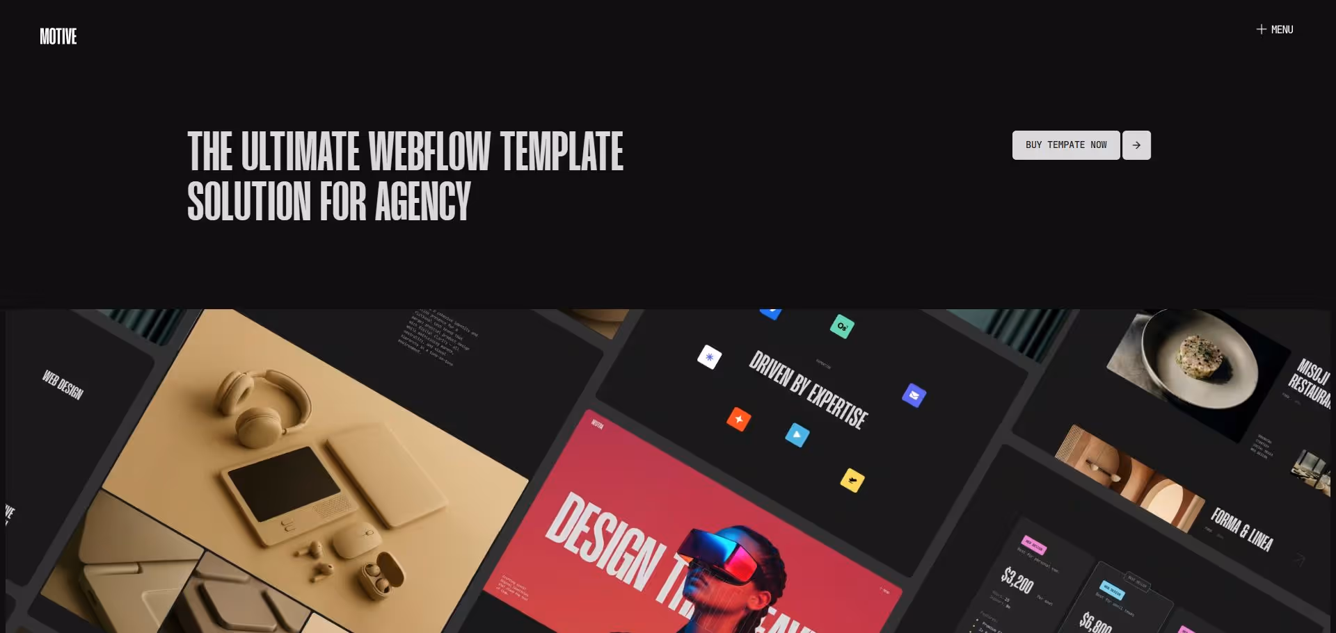 Website homepage for Motive featuring bold text 'The Ultimate Webflow Template Solution for Agency' and a grid of digital design projects.