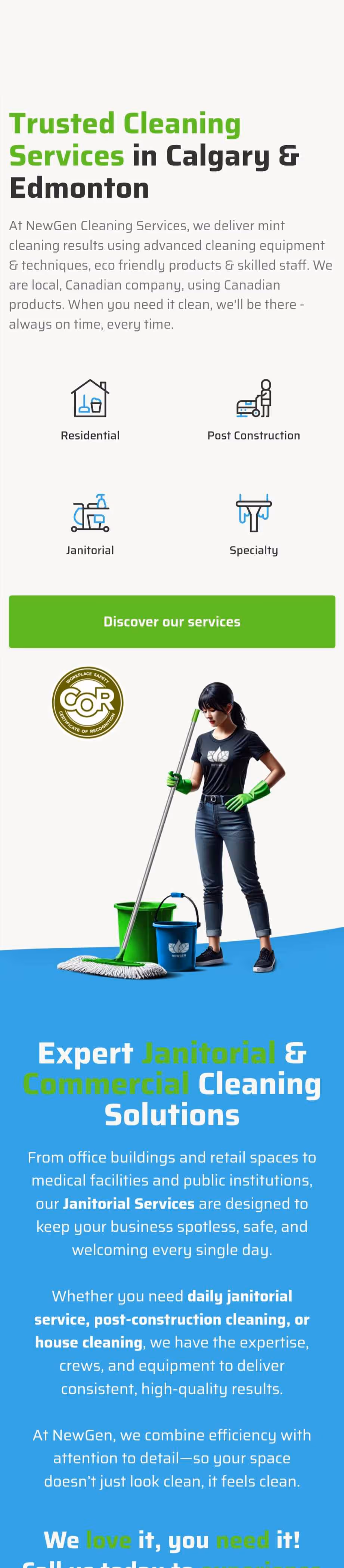 Mobile web page for NewGen Cleaning Services showing cleaning service types, a woman with cleaning gloves and mop, and text about janitorial and commercial cleaning solutions in Calgary and Edmonton.