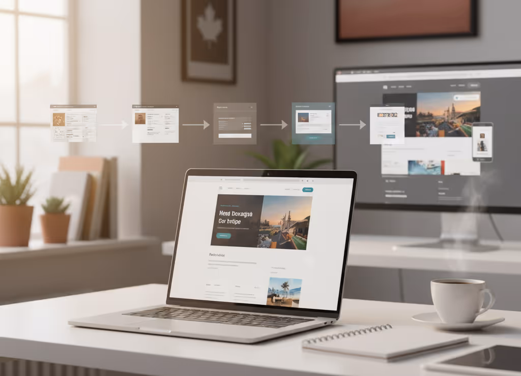 Laptop on a white desk displaying a travel website with a cityscape image, with a coffee cup, notebook, and blurred monitors in the background showing website design process steps.