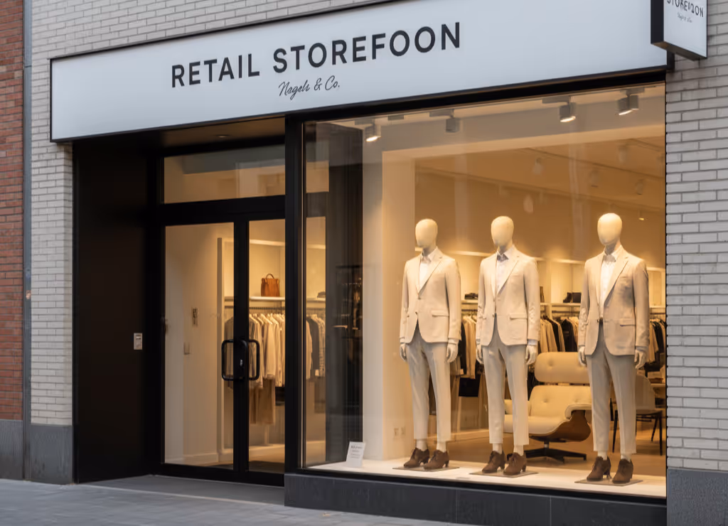 Front view of a retail store with three mannequins dressed in beige suits and brown shoes in the display window.