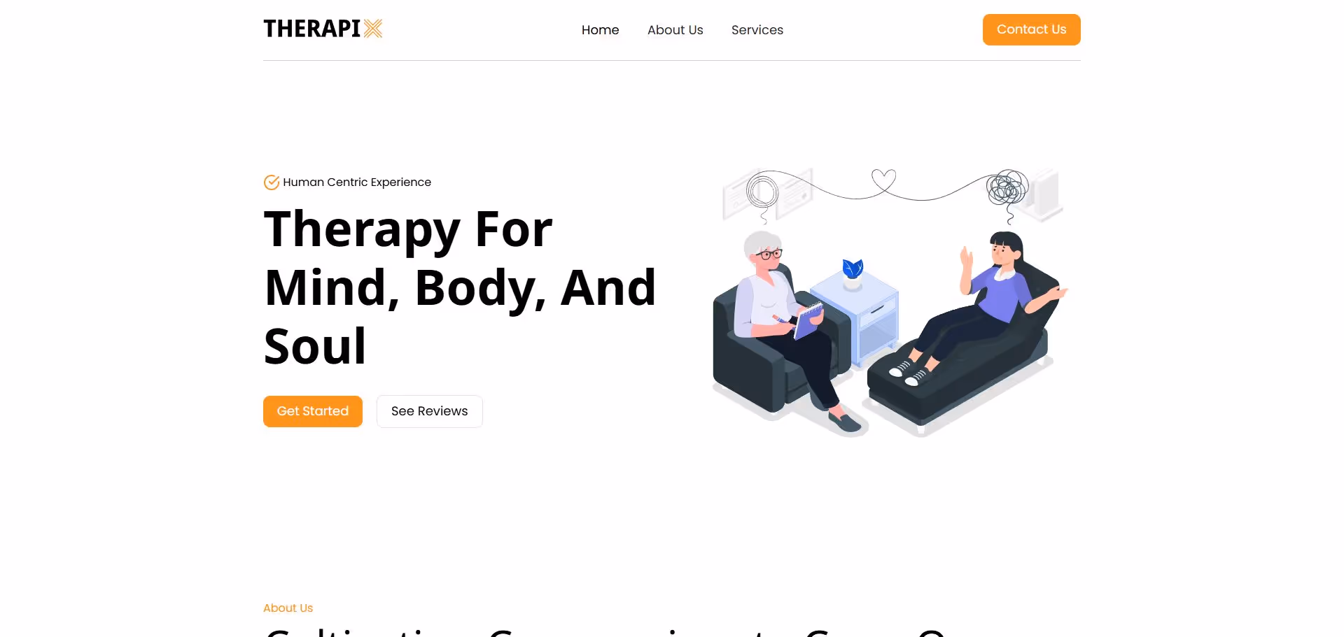 Website header for Therapix showing navigation links Home, About Us, Services, and a Contact Us button with illustration of therapist talking to patient on couch connected by a thought line.
