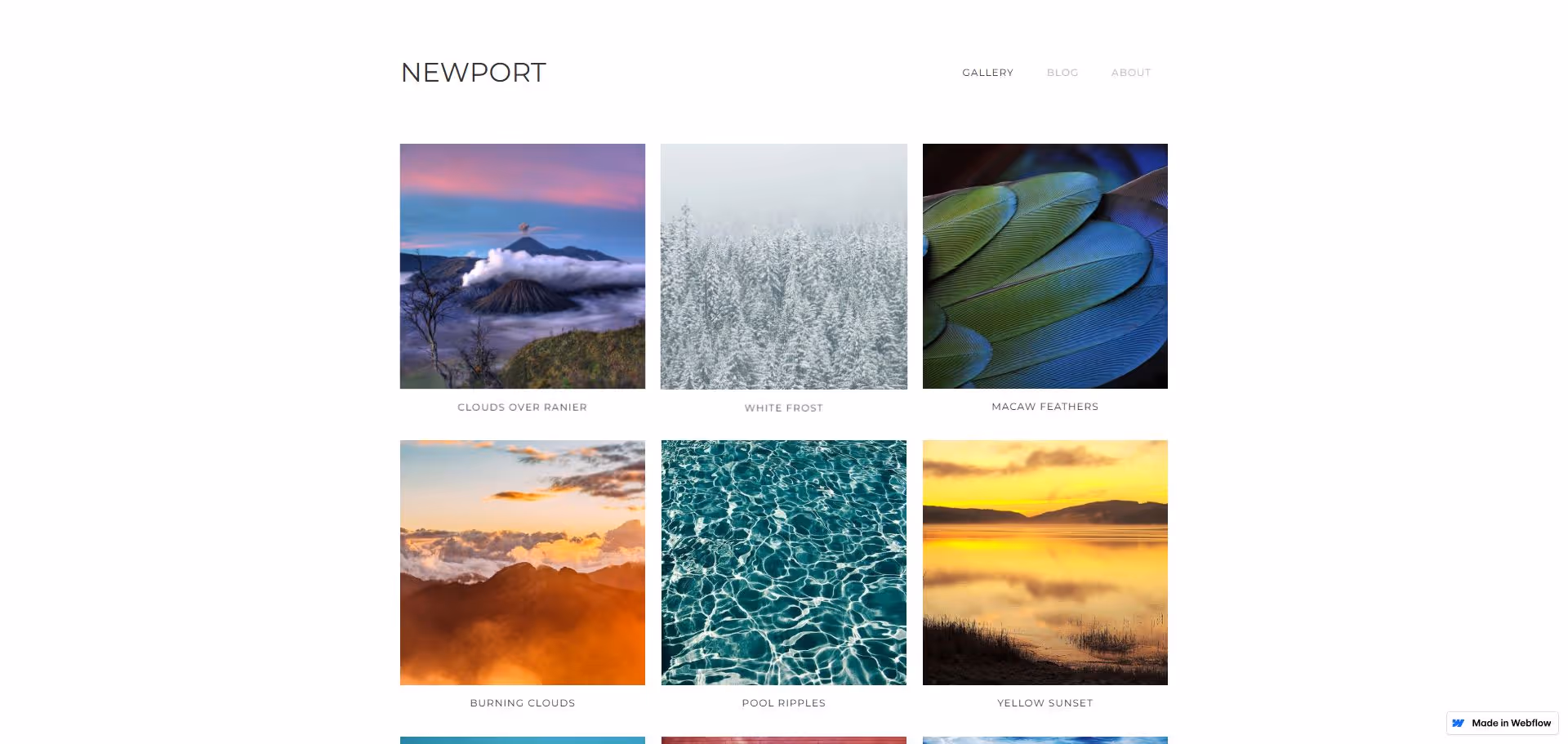 Grid of six nature photos with titles: clouds over mountain with mist, snow-covered trees labeled white frost, close-up of blue and green macaw feathers, orange glowing mountains with clouds, clear water ripples in pool, and yellow sunset over calm lake.