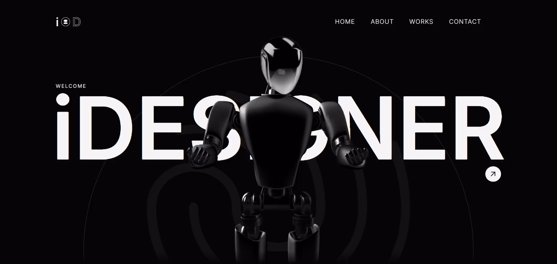 Black humanoid robot facing forward with large white text spelling 'DESIGNER' behind it on a black background with website menu options.