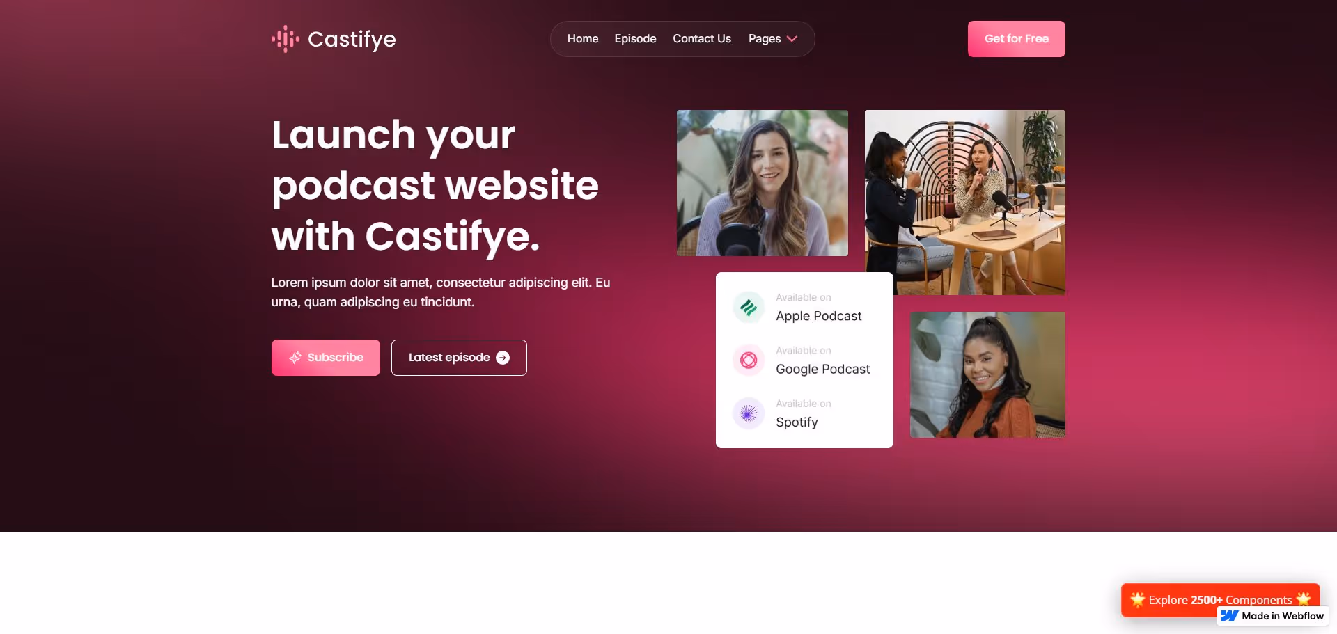 Castifye podcast website homepage with launch message, subscription buttons, three podcast platform icons, and images of podcast hosts.