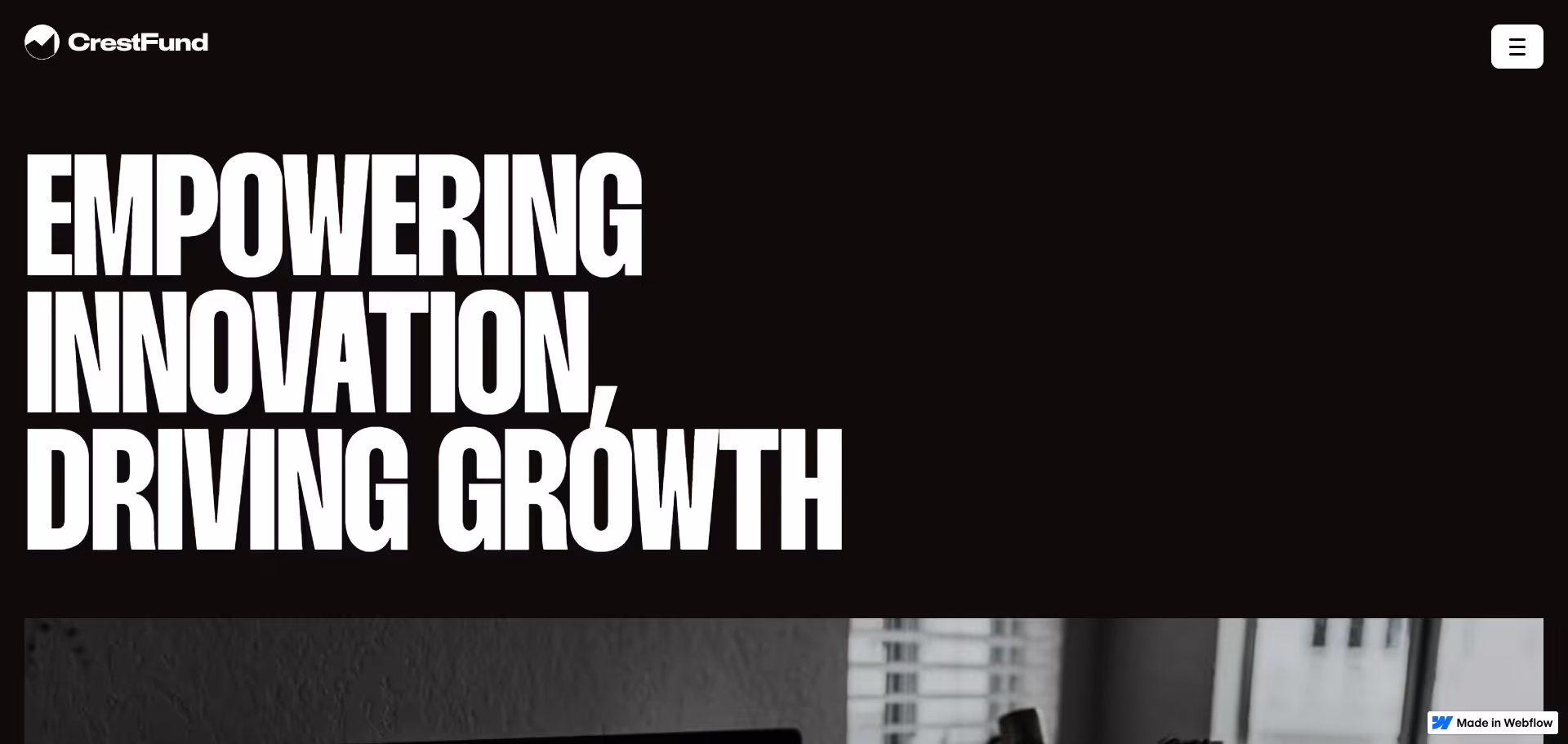 CrestFund website header with bold text: Empowering innovation, driving growth, and a menu icon in the top right corner.