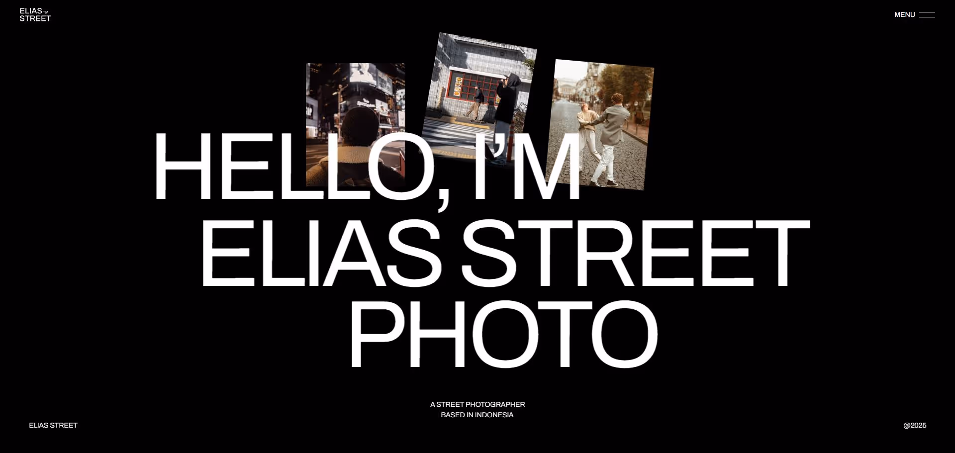 Website homepage with large white text 'HELLO, I'M ELIAS STREET PHOTO' and three small street photography images above it on a black background.
