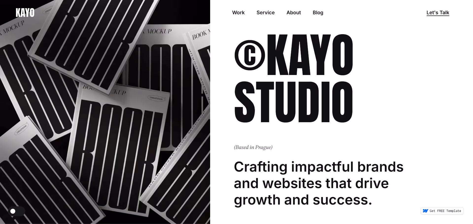 Website landing page for Kayo Studio, showing black and white book cover mockups on left and bold text on right: © KAYO STUDIO, Based in Prague, Crafting impactful brands and websites that drive growth and success.