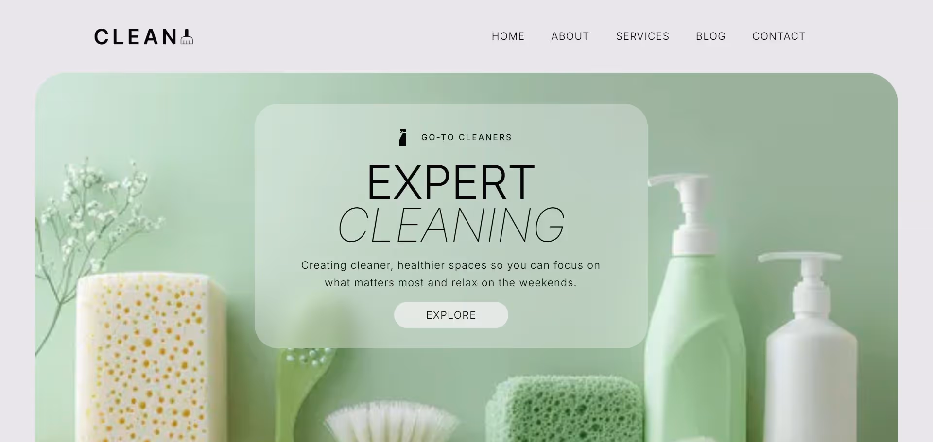 Website header with cleaning supplies including a sponge, brush, and pump bottles against a green background and text promoting expert cleaning services.