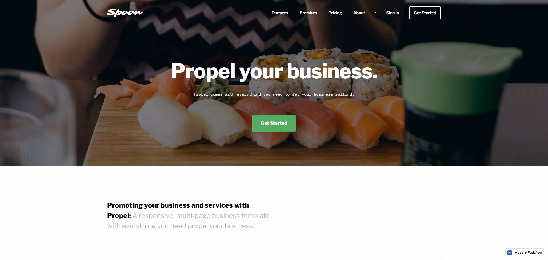 Website homepage showing a sushi platter with nigiri and rolls, navigation menu, and a call-to-action button labeled Get Started.