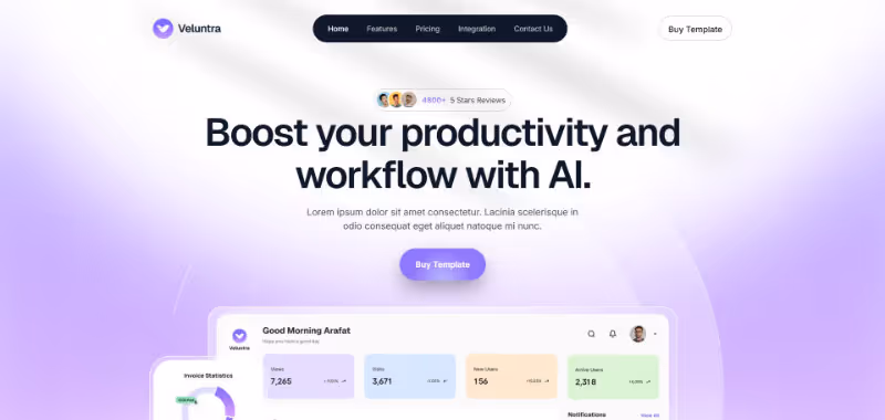 Website homepage for Veluntra showing a purple-themed interface with headline 'Boost your productivity and workflow with AI' and navigation menu.