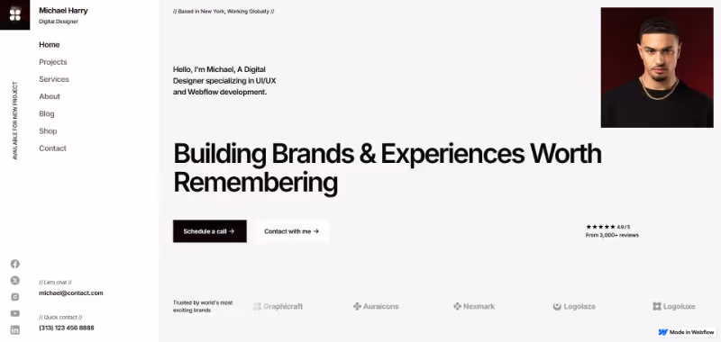 Michael Harry digital designer portfolio homepage with navigation menu, profile photo, introduction text, and call-to-action buttons on a white background.