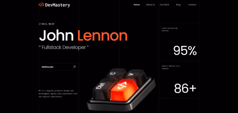 Dark-themed webpage with a keyboard key showing code symbols lit in orange, featuring the name John Lennon as Fullstack Developer and stats showing 95% client satisfaction and 86+ projects completed.