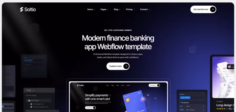 Webpage for Soltio showcasing a modern finance banking app template with navigation links and a call-to-action button.