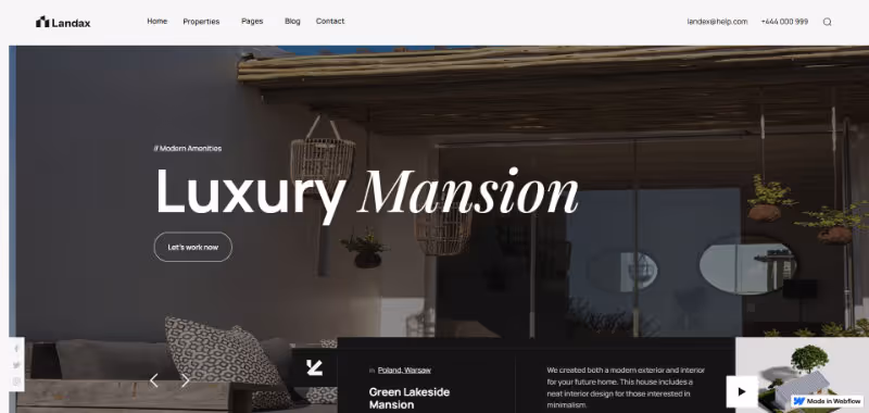 Website homepage of Landax showing a modern outdoor seating area with text 'Luxury Mansion' and menu options like Home, Properties, Pages, Blog, and Contact.