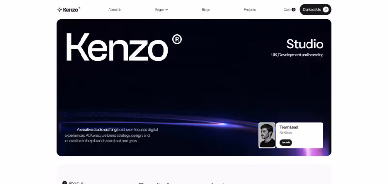 Kenzo Studio webpage with a dark background, featuring the Kenzo logo, tagline 'UX Development and branding', and a team lead profile card showing a black and white photo.