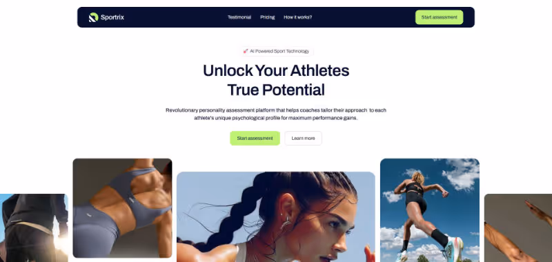 Sportrix website header with navigation and headline Unlock Your Athletes True Potential, featuring images of athletes in action.