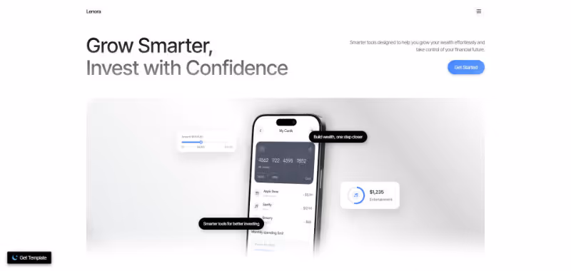 Website homepage with headline 'Grow Smarter, Invest with Confidence' showing a smartphone displaying a digital card and investment stats.