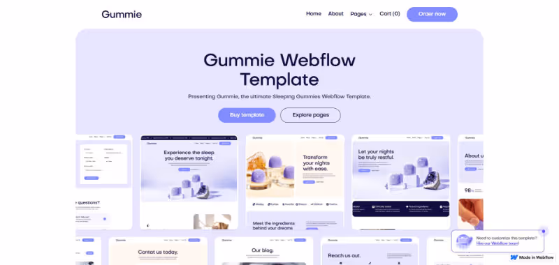 Screenshot of Gummie Webflow Template homepage displaying navigation, header text, buttons, and multiple page previews.