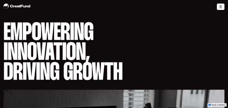 Website header with CrestFund logo, menu icon, and bold text saying 'Empowering Innovation, Driving Growth' on a black background.