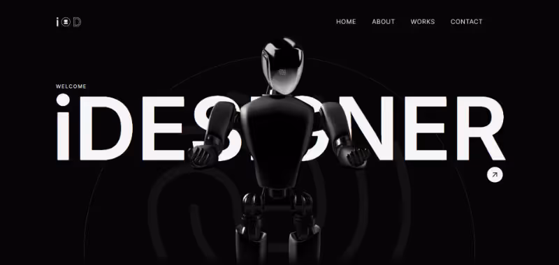 Black glossy robot standing with clenched fists in front of large white text saying 'iDESIGNER' on a black background.
