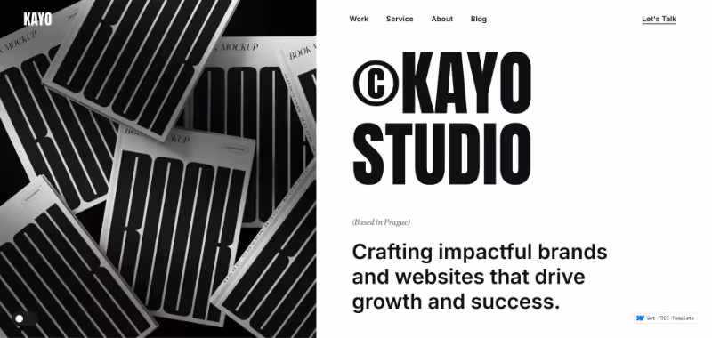 Kayo Studio website homepage with black and white abstract book cover designs on left and bold text on right about crafting impactful brands and websites.