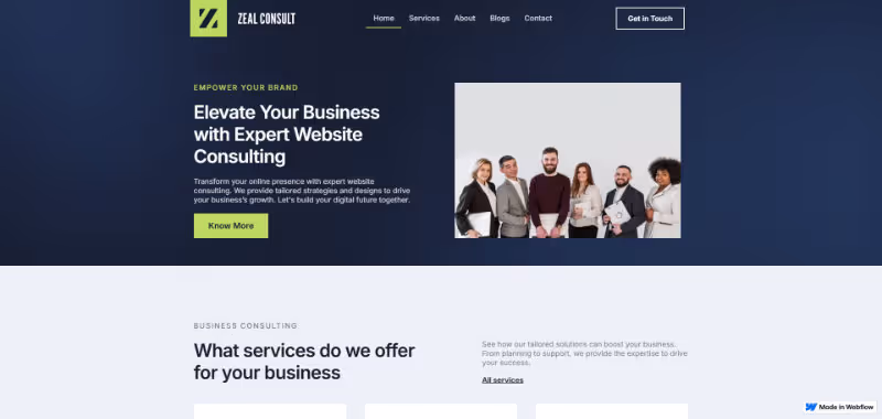 Website homepage for Zeal Consult showing navigation menu and a group of six business professionals standing together.