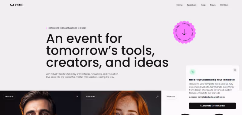 Website homepage for Evento featuring a header with navigation links and the main headline 'An event for tomorrow’s tools, creators, and ideas' with profile images of two people below.