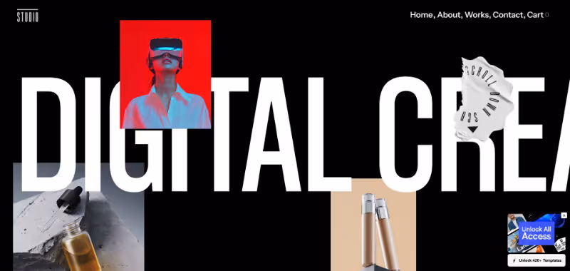 Website header with bold 'DIGITAL CREAT' text, featuring images of a woman wearing VR headset, cosmetic droppers, foundation bottles, and a crumpled paper element on black background.