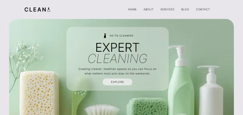 Website header for Clean featuring cleaning supplies like sponges and bottles on a green background with text promoting expert cleaning services.