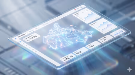 Modern web analytics dashboard displaying traffic sources and visitor demographics map for Canadian businesses.