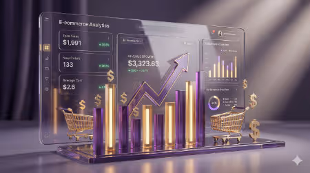 Premium e-commerce analytics interface highlighting revenue growth, sales data, and return on ad spend (ROAS) charts.