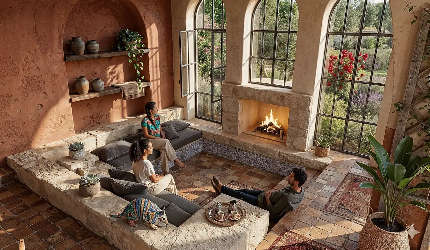 After: AI render of the same sunken lounge with terracotta walls, steel windows and a fireplace