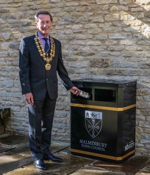 The Mayor with a Sweetnam and Bradley recycling bin in Malmesbury