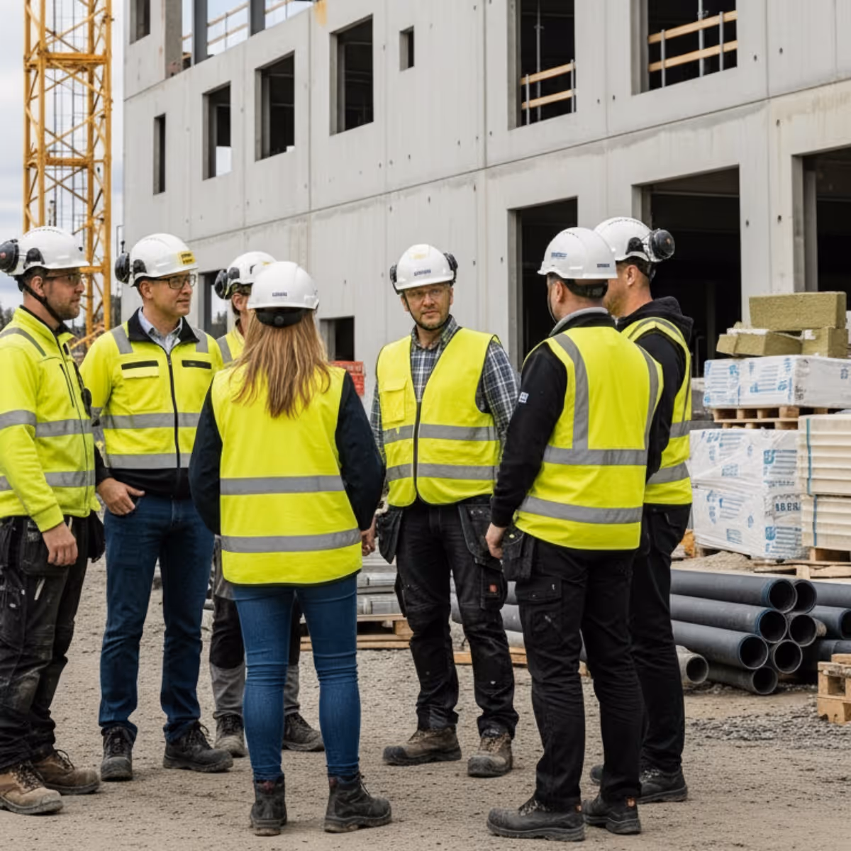 Byggarbetare i gula säkerhetsvästar och vita hjälmar som diskuterar på en byggarbetsplats utanför en betongbyggnad.
