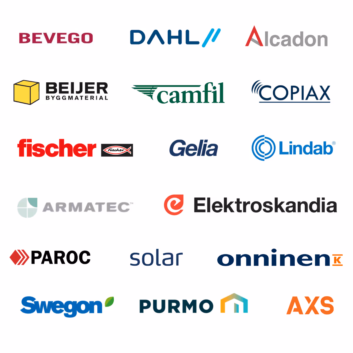 Logotyper för Bevego, Dahl, Alcado, Beijer Byggmaterial, Camfil, Copiax, Fischer, Gelia, Lindab, Armatec, Elektroskandia, Paroc, Solar, Onninen, Swegon, Purmo och AXS.