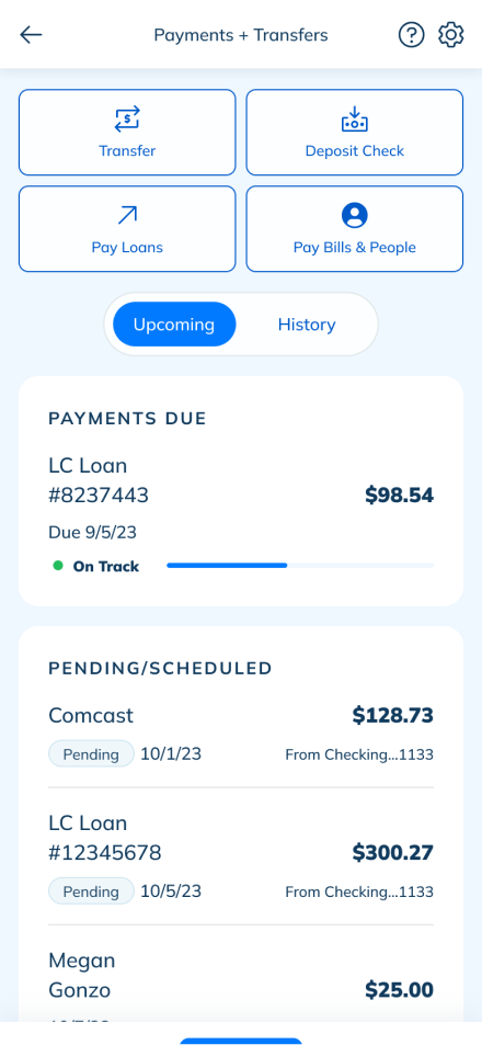 LendingClub bill pay screen
