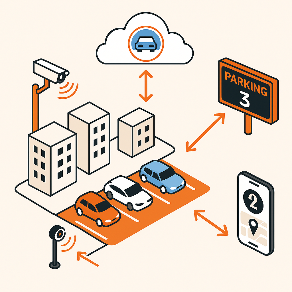 Flow diagram of parking sensors sending occupancy data to cloud, signboard, and driver smartphone.