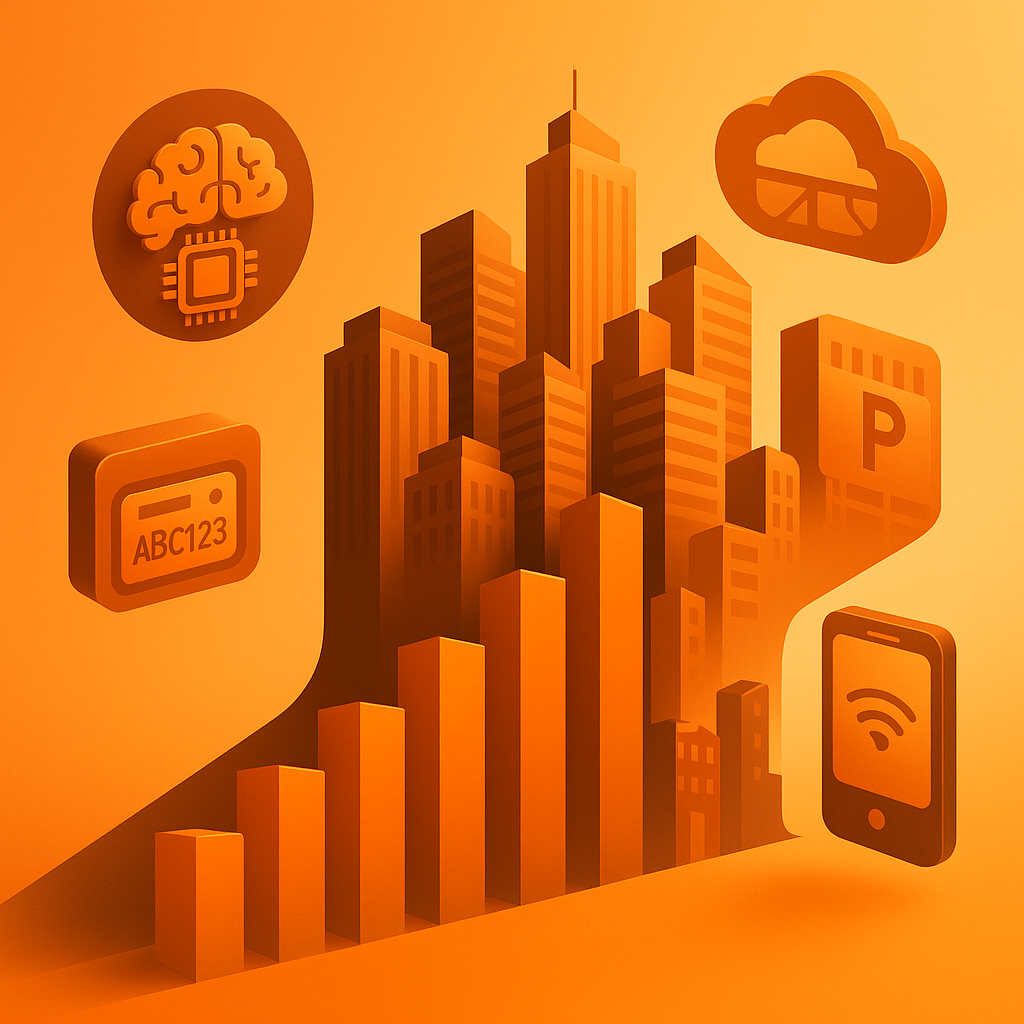 Isometric concept of rising parking-tech market with AI, cloud, mobile payment and LPR icons.