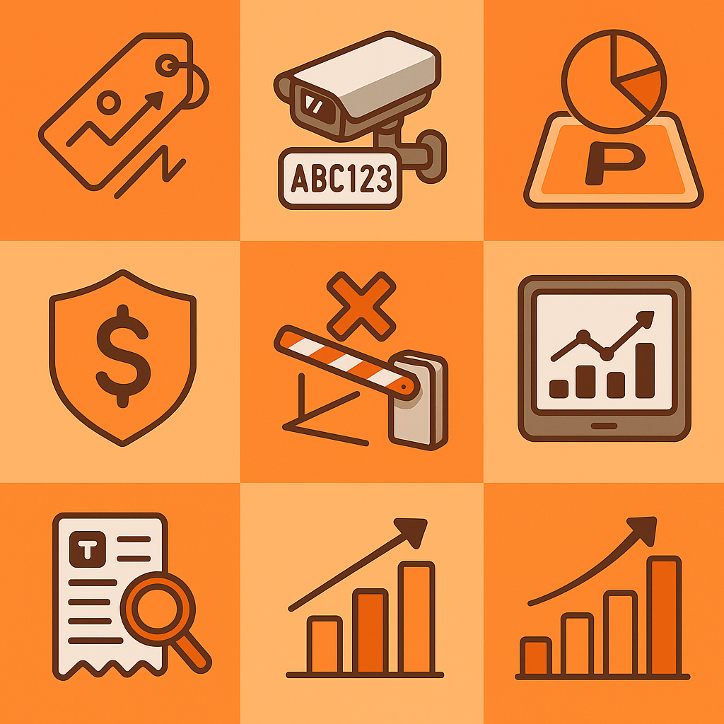 Isometric grid of icons depicting key parking platform criteria such as dynamic pricing and LPR accuracy