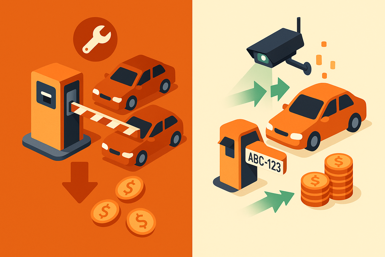 Side-by-side view of gated parking with queues versus gateless LPR entry with cameras and smooth vehicle flow