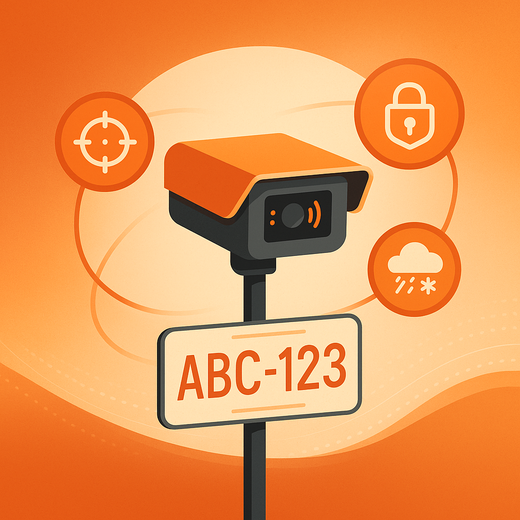 Concept diagram of LPR camera emphasizing accuracy, privacy shielding, and all-weather infrared capability