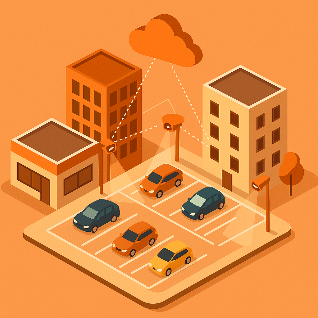 Cameras scanning a mixed-use development parking lot and transmitting data to cloud analytics