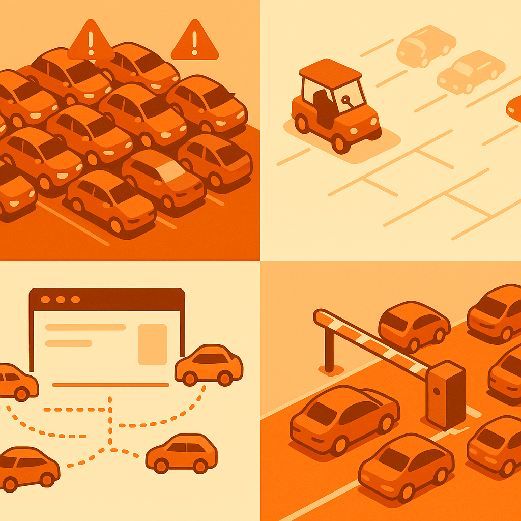 Four-part illustration: crowded lot, patrol lapse, blind data screen, jammed gate highlighting manual enforcement