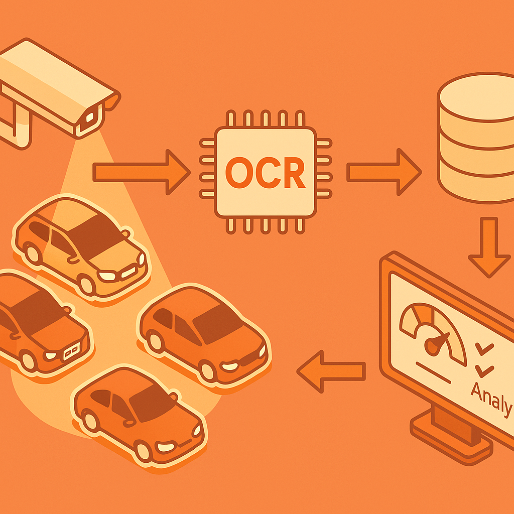 Vector flow of LPR camera reading plates, processing data, updating dashboard to show real-time parking metrics